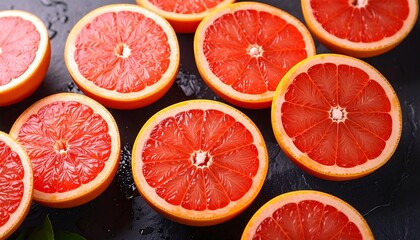 Freshly peeled grapefruit halves on slate background, tangy juice beads glistening in moody morning light, minimalist composition