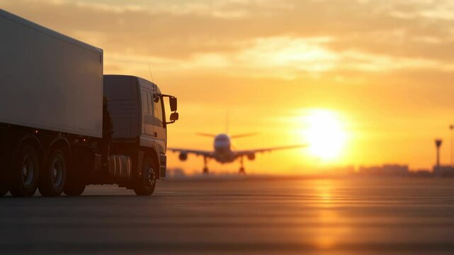 Sunset casts golden hue over airport runway, highlighting cargo truck and aircraft
