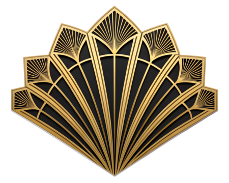 A gilded art deco sunburst design, isolated on transparent background, features intricate black and gold geometric patterns