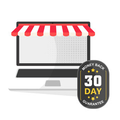 Naklejka premium 30 days money back guarantee Badge Banner icon design - illustrazioni Concetto di shopping online. Apri laptop con acquisto dello schermo. Stile piatto, illustrazione day to go left best seller premiu