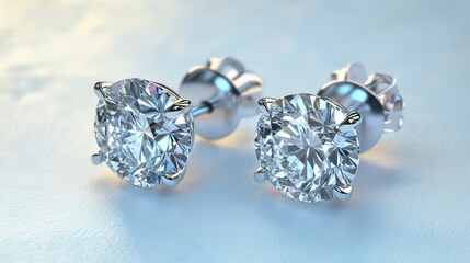 Fototapeta premium A stunning pair of diamond stud earrings elegantly displayed on a soft white surface, with light reflecting off the facets, showcasing their brilliance.