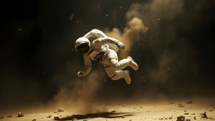 astronot yang sedang melayang atau jatuh di permukaan Mars. Ada debu dan puing-puing yang beterbangan di sekelilingnya, mengindikasikan dampak atau gerakan yang kuat. Di kejauhan, sebuah benda langit 