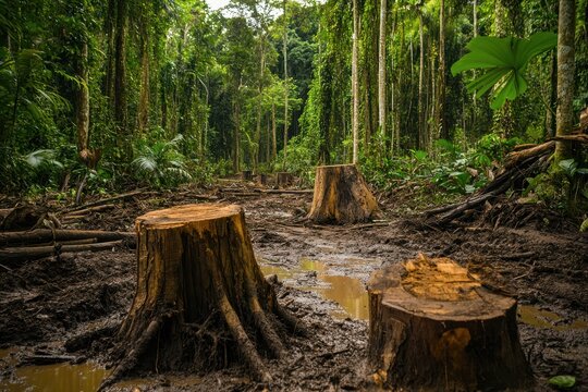 Illegal Logging Site: Deforestation in Tropical Forest &ndash; Cut Down Trees, Environmental Damage & Illicit Timber Operations