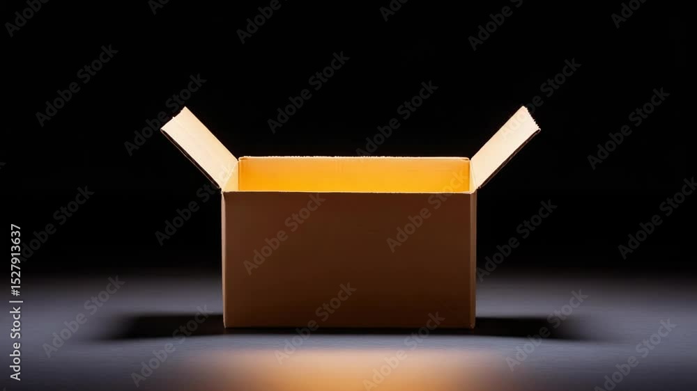 Poster open cardboard box illuminated from within, creating warm, inviting glow