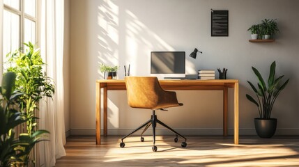 A stylish minimalist home office with a sleek wooden desk, ergonomic chair, and uncluttered workspace