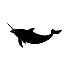 a black and white silhouette of a narwhal black, silhouette, unicorn, whale © Guli Studio