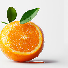 Fresh, juicy orange half with dewdrops and green leaves on a white background.