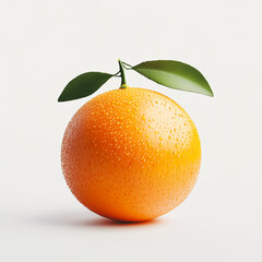 Fresh orange with water droplets and green leaves against a white backdrop, symbolizing natural health.