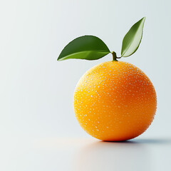 Fresh orange with water droplets and green leaf on white background, symbolizing freshness and vitality.