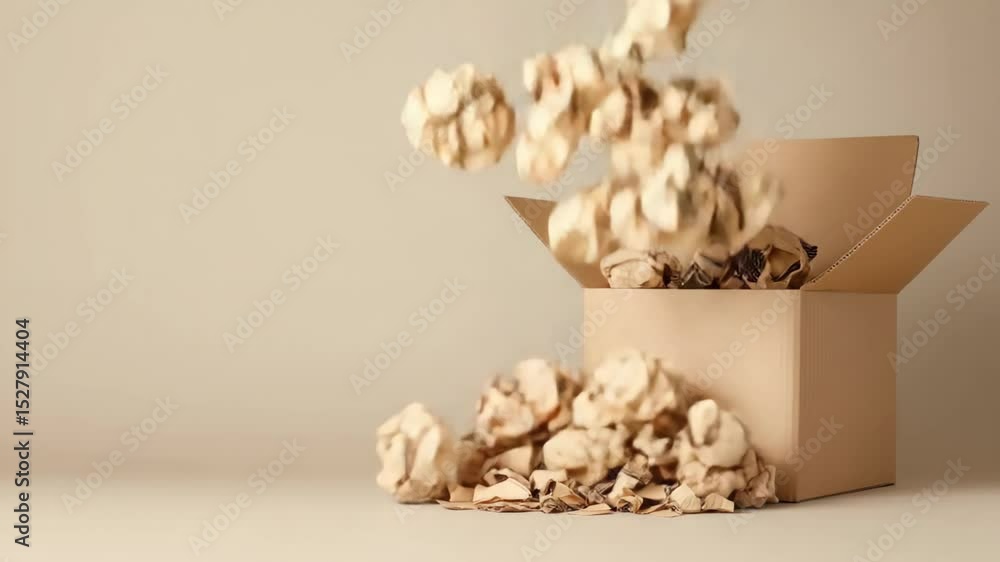 Poster open cardboard box on minimalistic background with crumpled paper inside