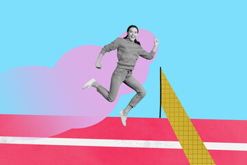 3d pop image zine art collage of happy businesswoman businessman receive promotion flag icon success aim achievement chance