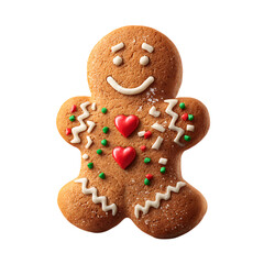 A delicious homemade gingerbread man cookie, sweetly decorated for the festive Christmas holiday, isolated on white