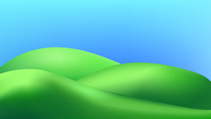Obraz premium 3D landscape with green hills, mountains, and a textured grass field creates a playful eco friendly park scene.Childish vector illustration.