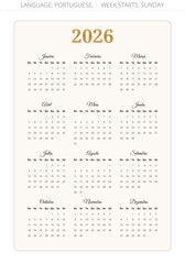 PORTUGUESE calendar 2026 year. Vector illustration in for Portugal. Week starts sunday