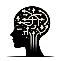 Silhouette of a human head on a transparent background with several arrows pointing in different directions, concept of choice and intelligence