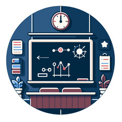 Icon of a classroom with a blackboard, mathematical graphs, and educational elements in a circular design
