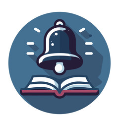 Icon of a school bell above an open book in a circular design, education theme