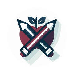 Icon featuring crossed pencils over a heart and apple in a circular design, education theme
