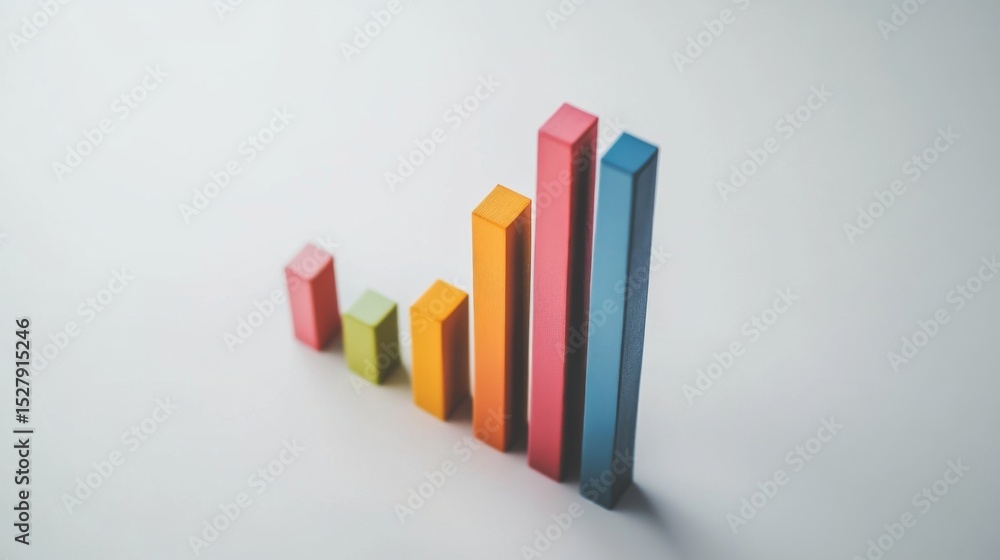 Poster A top-down view of a D business bar graph with dynamic heights, showcasing various revenue streams, against a white surface with soft shadows for added depth.