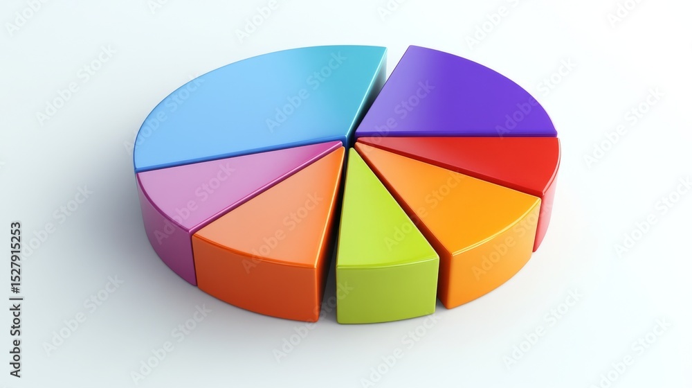 Fototapete A top-down view of a D pie chart, emphasizing the varying sizes of segments representing sales data, set against a smooth white background for clarity.