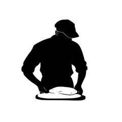 a black silhouette of a person wearing a hat cutting food on a plate with a knife black, chef, cook, cut, dish, food, hat, icon, knife, man, person, plate, silhouette, wear