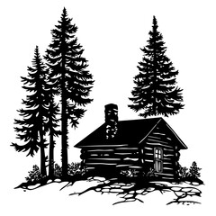 cabin in the woods, pine trees, dark silhouettes, black and white, detailed illustration, woodcut style, atmospheric, mystical, moody, cinematic
