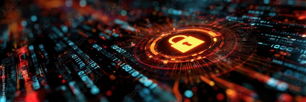 Poster a digital lock symbol glows amid a matrix of data and code, representing cybersecurity and data prot