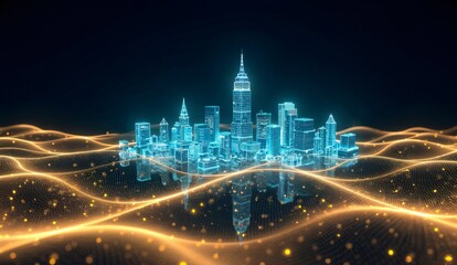 Futuristic Cityscape with Glowing Skyscrapers and Dynamic Light Waves