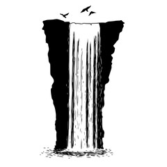 a black and white drawing of a waterfall with birds flying above it bird, black, cliff, drawing, fly, illustration, water, waterfall 