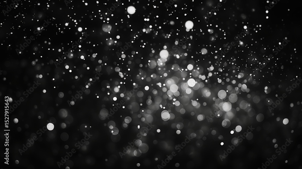Poster abstract black and white image featuring numerous blurred light spots resembling bokeh or particles 