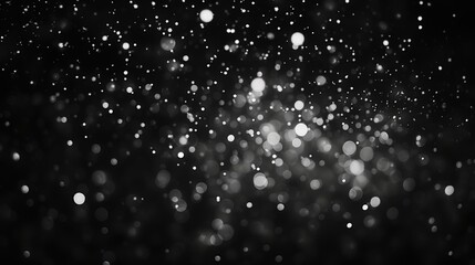 Obraz premium Abstract black and white image featuring numerous blurred light spots resembling bokeh or particles floating in the dark.