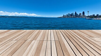 Fototapeta premium Modern wooden deck overlooking a vibrant city skyline and blue water