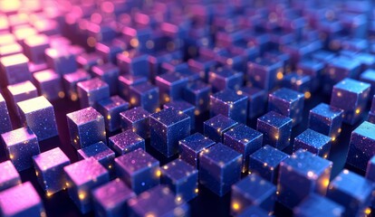 Obraz premium A field of glowing, starry cubes in a gradient of blue and purple hues.