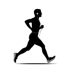 black silhouette of a young man running and listening to music black, headphone, man, music, run, silhouette, woman, young