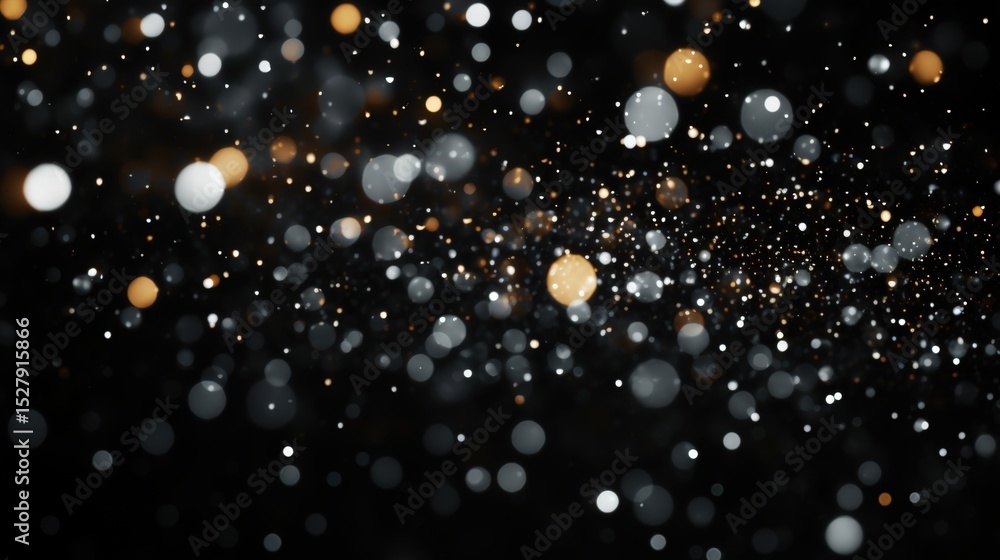 Poster abstract image of floating bokeh lights in white and golden hues on a dark background, creating a fe