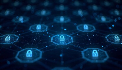 Fototapeta premium Network of interconnected hexagons with lock icons, symbolizing cybersecurity.