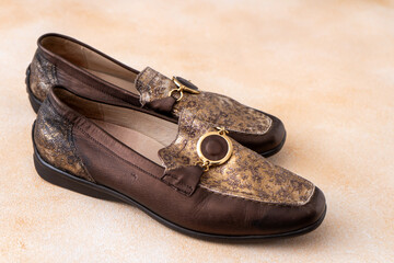 Pair of leather shoes. Brown classic moccasins. Loafers comfortable footwear style.