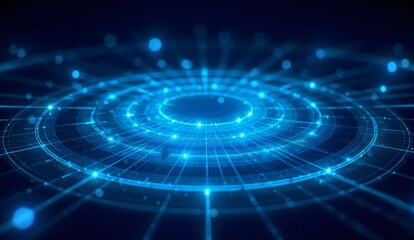 Abstract digital interface with glowing blue circular patterns and scattered light points
