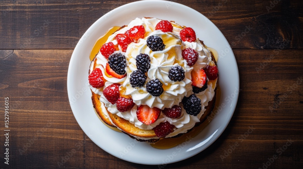 Aufkleber a top-down view of a plate of honey toast stacked high, generously topped with whipped cream, fresh 