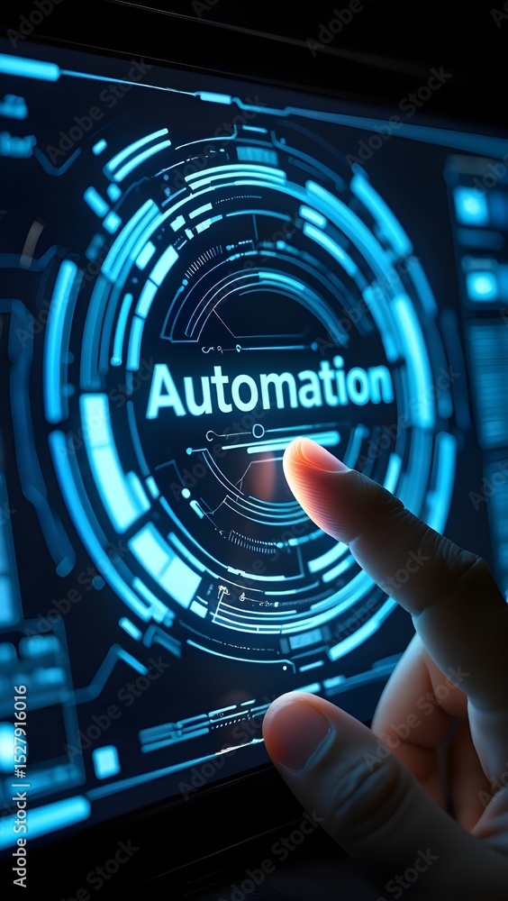 Poster finger touching automation button on futuristic screen
