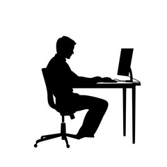 a black silhouette of a man sitting at a desk with a laptop black, computer, desk, laptop, man, silhouette, sit, table 