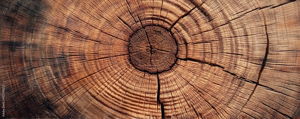 Poster close-up of a tree trunk cross-section showing detailed growth rings and natural wood texture with c