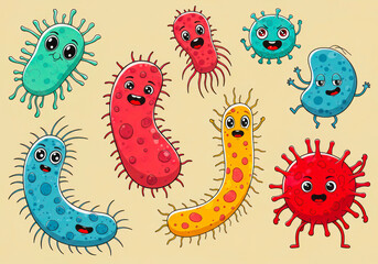 Playful Cartoon Bacteria Mascots with Funny Faces – Colorful Vector Illustration of Microbes and Virus Characters