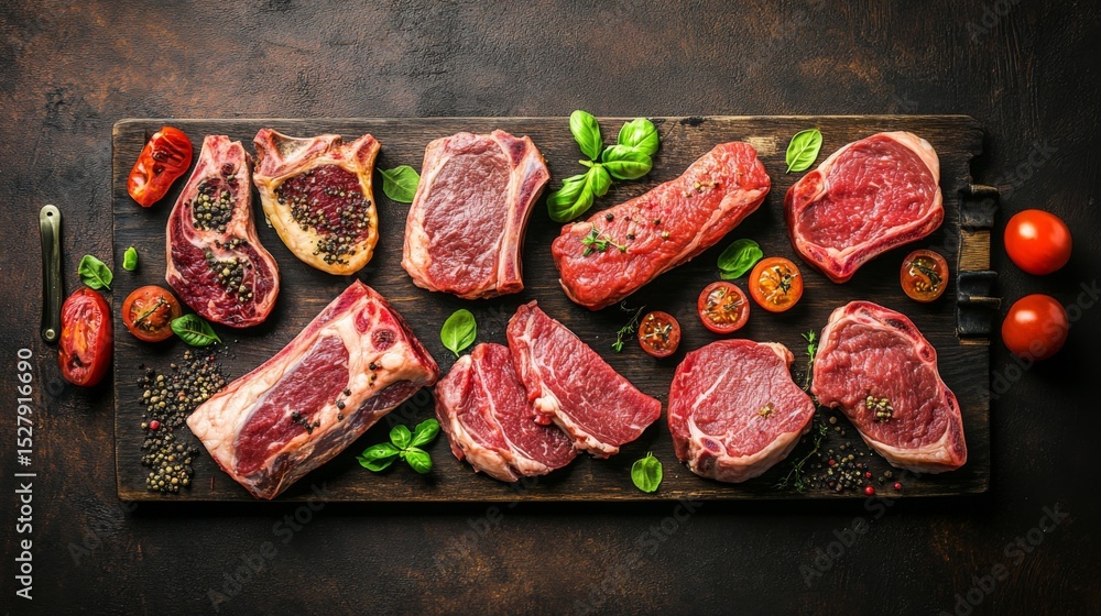 Poster A top-down view of different raw meat cuts, neatly arranged on a dark rustic background