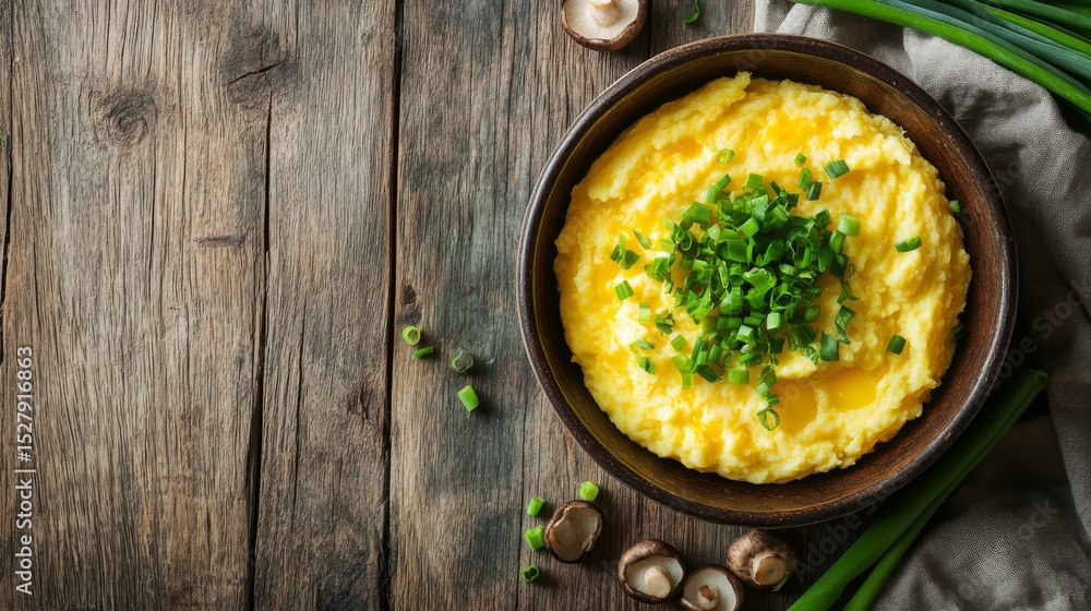 Poster A top-down view of fluffy steamed egg, garnished with chopped green onions and shiitake mushrooms, placed on a rustic wooden table for a traditional look.