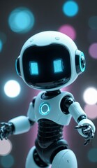 Naklejka premium A futuristic robot with glowing blue eyes and a sleek design, set against a backdrop of colorful bokeh lights.