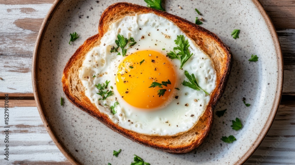 Aufkleber a top-down view of toasted bread with a sunny-side-up egg on top, garnished with fresh herbs, served