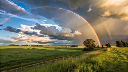Fototapeta premium Rainbow Over Verdant Fields Under a Dramatic Sky