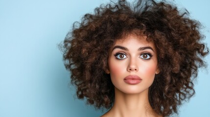 Fototapeta premium Close-up portrait of a woman with curly hair and expressive eyes against a light blue background