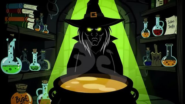 Witch brewing potion animated illustration